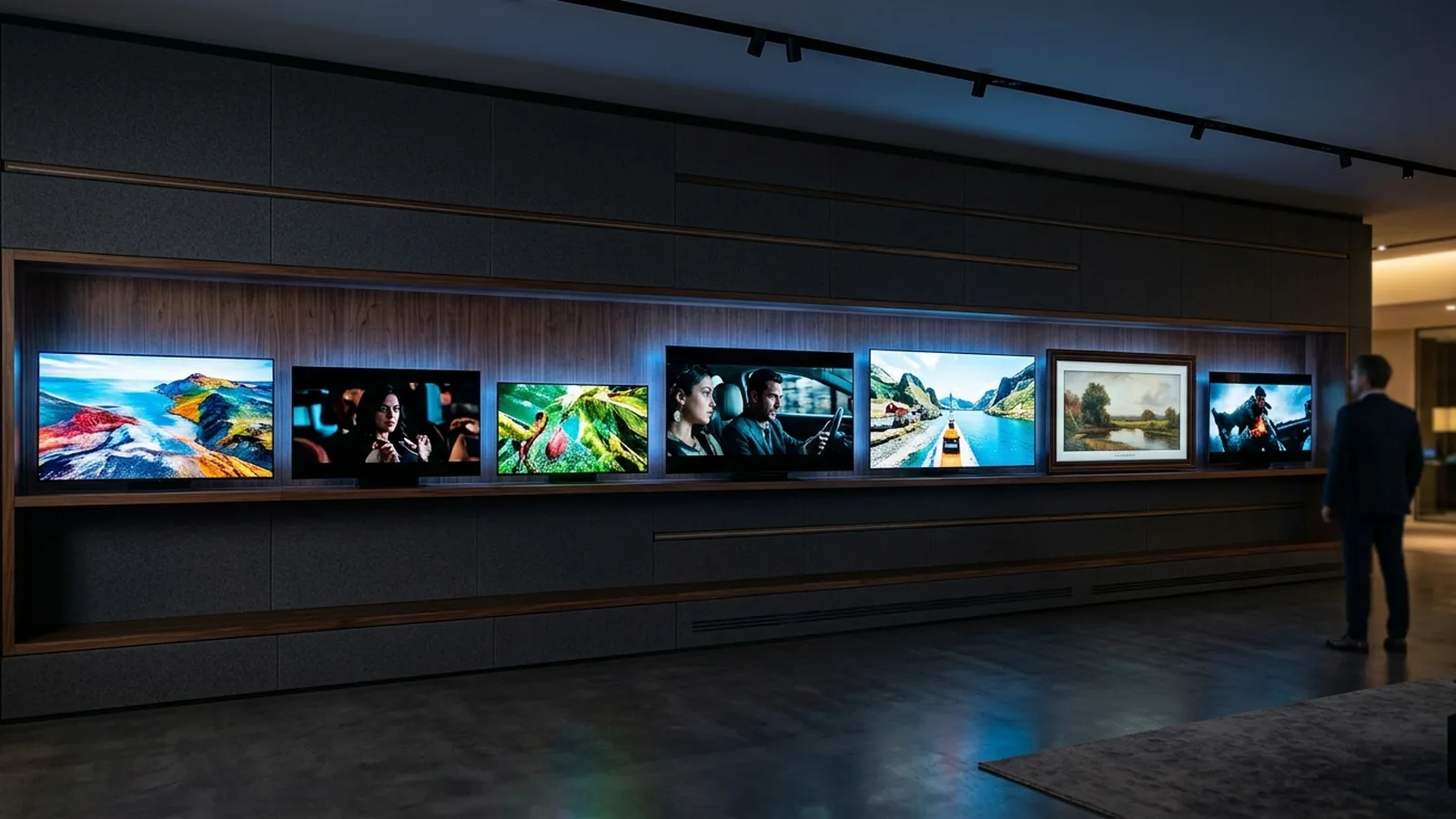 Row of premium flat-screen TVs of different sizes displayed on a feature wall, including OLED, QLED, and Frame models