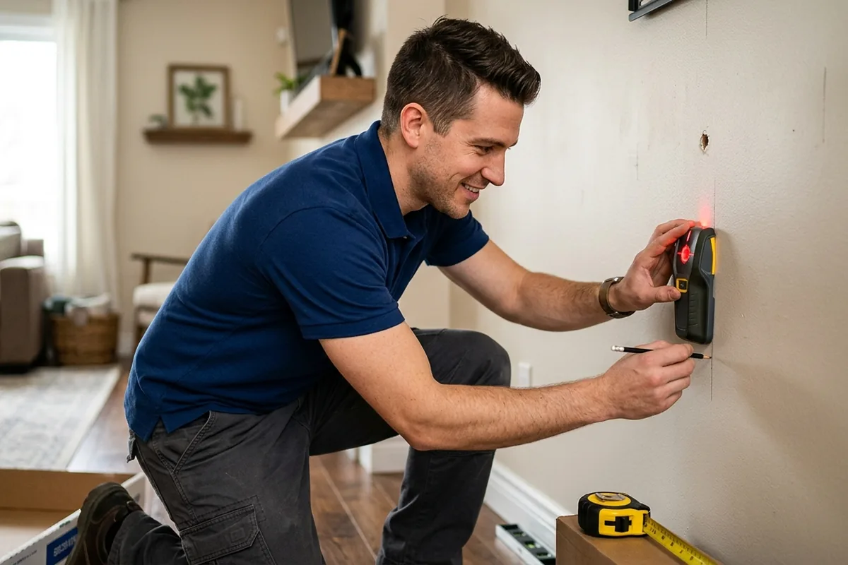 Technician using a stud finder on a living room wall before mounting a TV